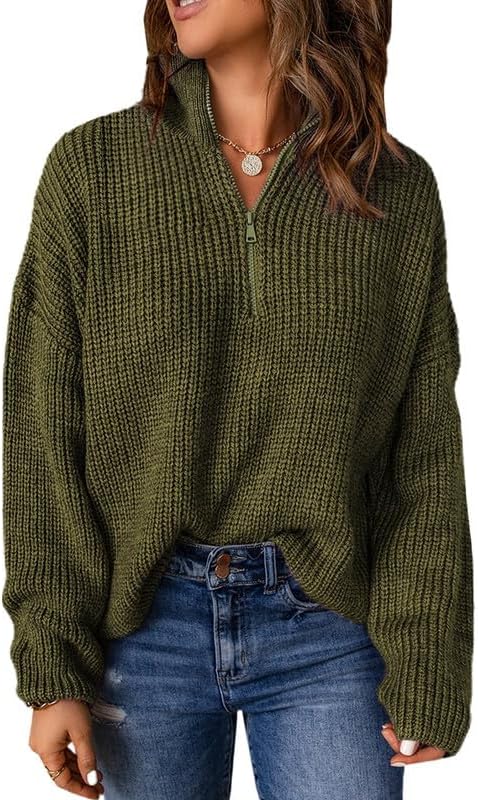 Womens Sweaters Long Sleeve 1/4 Zip Pullover Polo V Neck Dressy Casual Tops