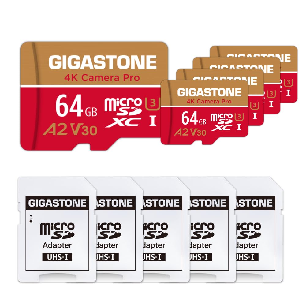 Gigastone - Tarjeta de Memoria de 64 GB, Juego de 5 Tarjetas, 4 K, cámara Pro, Compatible con GoPro Switch, Velocidad 95 MB/s. A2 U3 V30 - Tarjeta Micro SDXC con Adaptador SD.