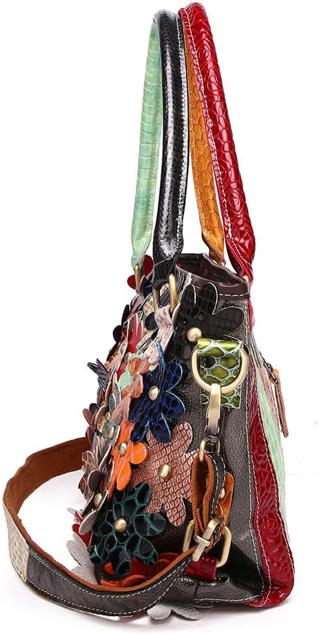 Women's Multicolor Flower Handbag Leather Random Splicing Shoulder Purse Satchel