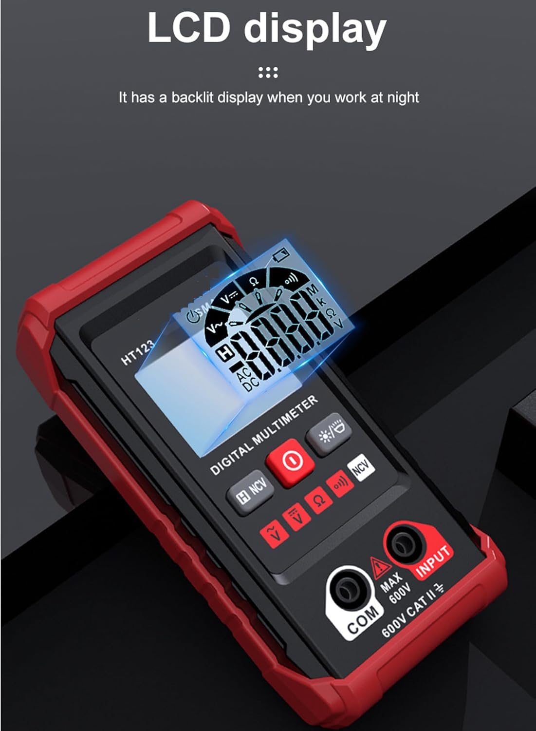 HT123 Multimeter performing NCV detection near a wall outlet
