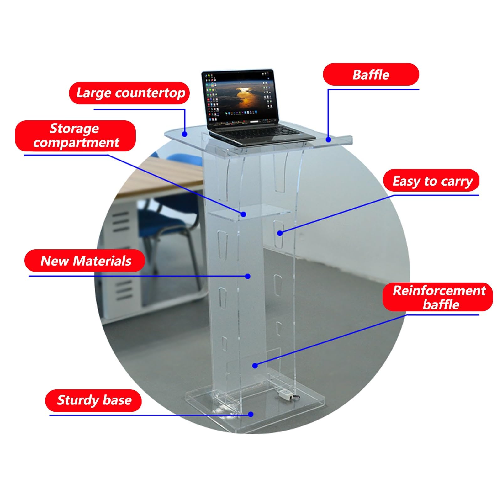 Podio Per Presentazioni in Acrilico Trasparente Da 43 ", Pulpito in Acrilico Personalizzato Con Luci Led a 7 Colori, Superficie Inclinata, Piastra Deflettrice E Ripiano, Leggio Portatile Con Logo