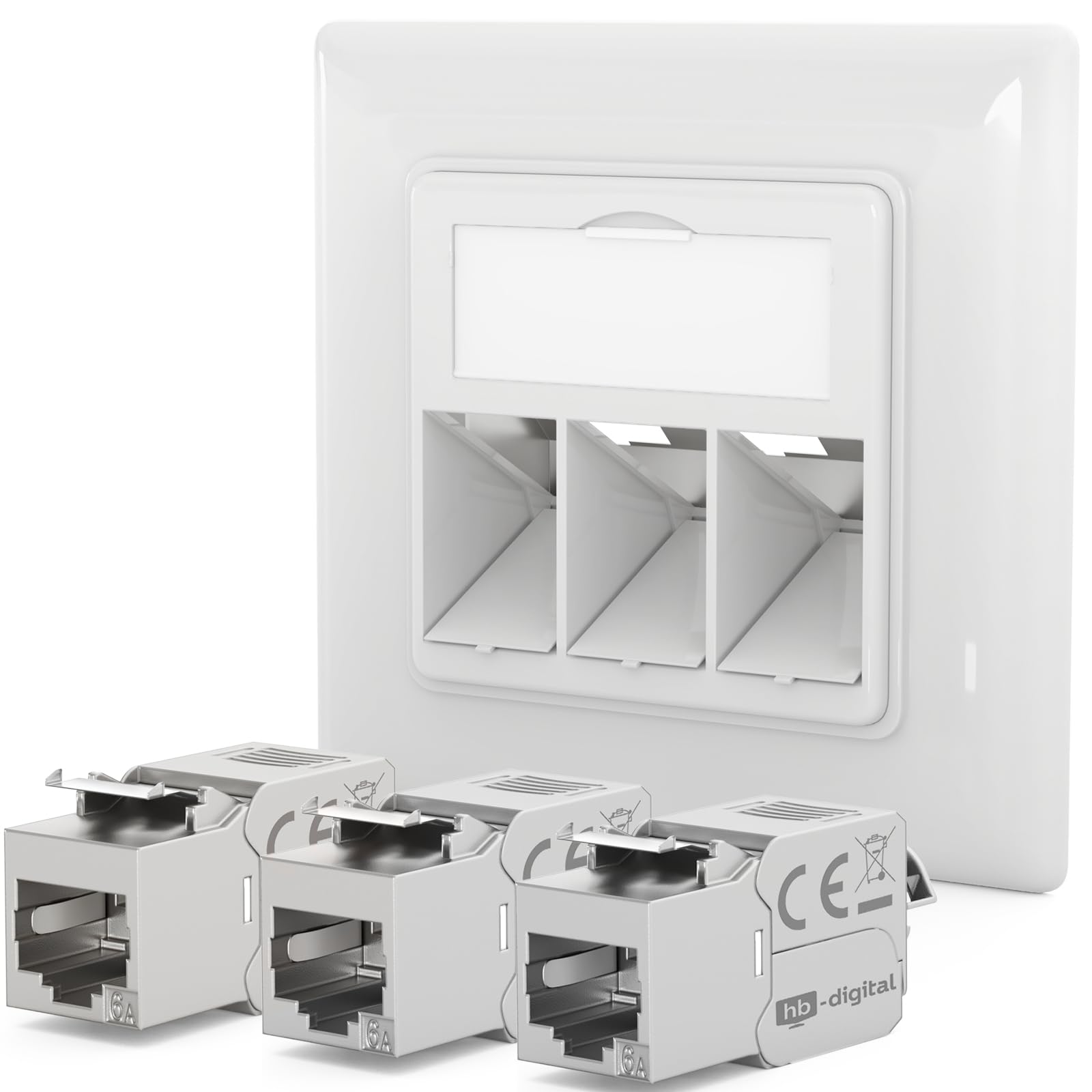 HB-DIGITAL 3-Port CAT 6a Netzwerkdose mit GHMT zertifiziertes werkzeuglos Keystone max. 10 GBit/s Unterputz Netzwerkdose RJ45 Buchse STP Geschirmt RJ45 Datendose LAN Dose - Signalweiß RAL 9003