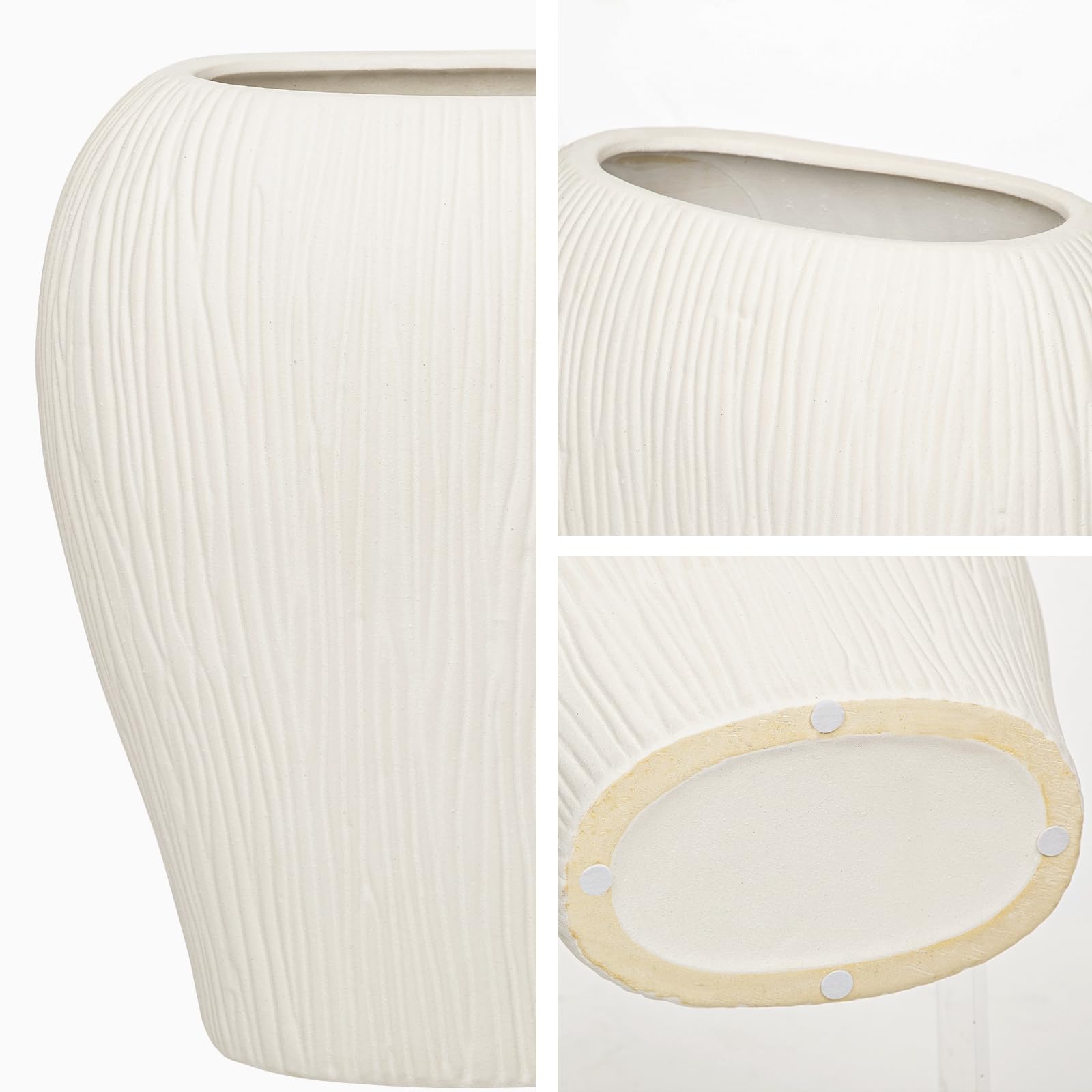 Flache Keramikvase Modern – Schmale Ribbed Vase für Pampasgras & Kunstblumen, Dekovase Keramik für Tisch, Regal & Sideboard, Boho Blumenvasen Wohndeko, Weiß - 32 cm Hohe