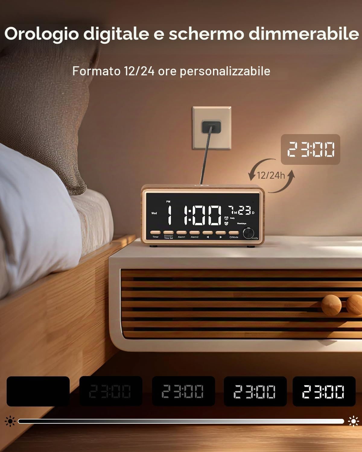 Sveglia digitale con radio FM, doppia allarme, altoparlante Bluetooth, White Noise Machine, Wireless Charger, orologio digitale dimmerabile, regalo di compleanno per donne, mamma e papà