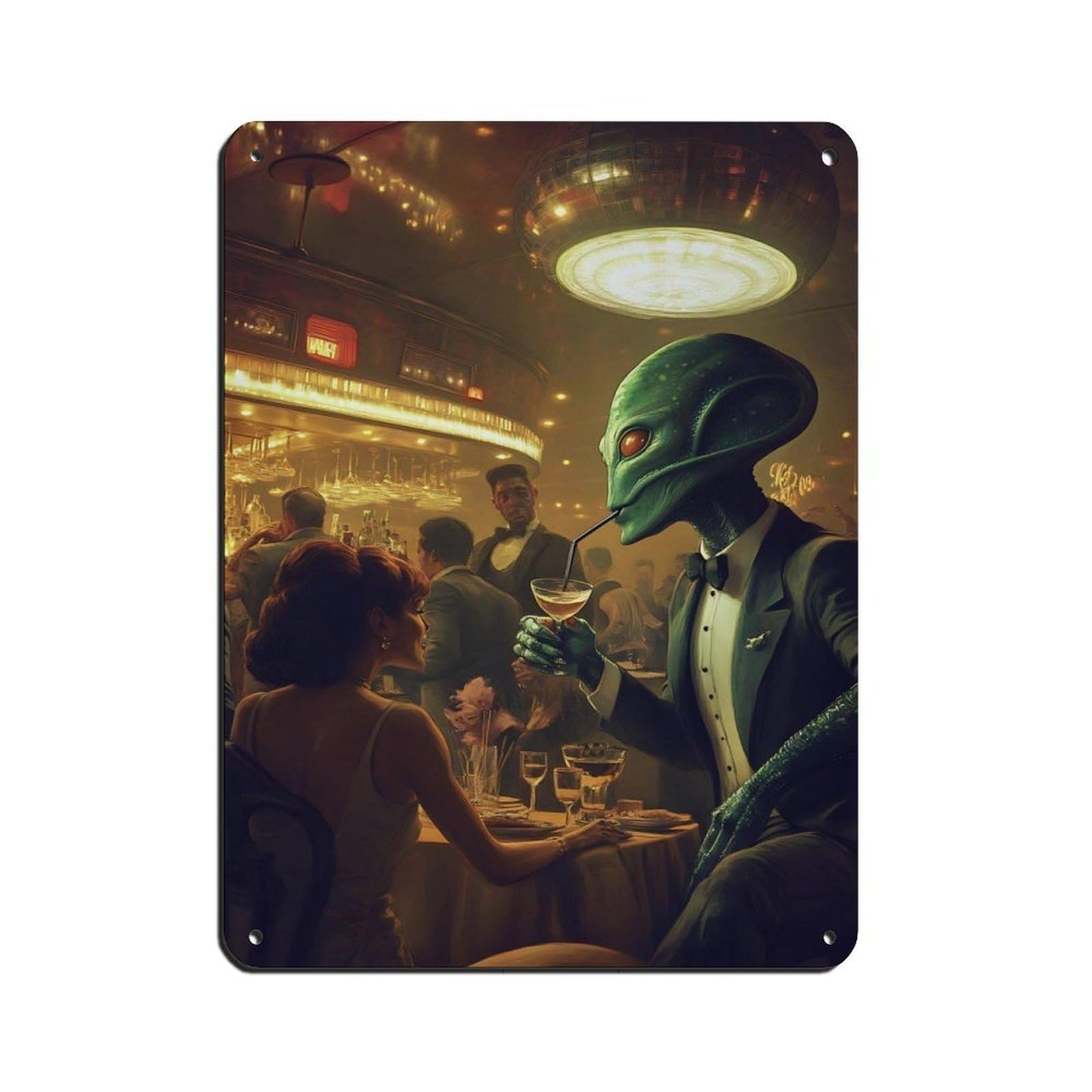 Vintage Alien in Tuxedo, Sci Fi Bar Scene Retro Poster Metal Tin Sign Chic Art Retro Iron Painting Bar People Cave Cafe Family Garage Poster Wall Decoration 12x16inch(30x40cm)