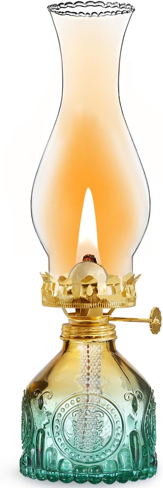 Oil Lamps for Indoor Use -11''×3'' Gradient Green Vintage Kerosene Lamp Crimped Top Chimney Beautifully Carved Oil Lamp for Home Tabletop Emergency Lighting Decor Oil Lamp Props