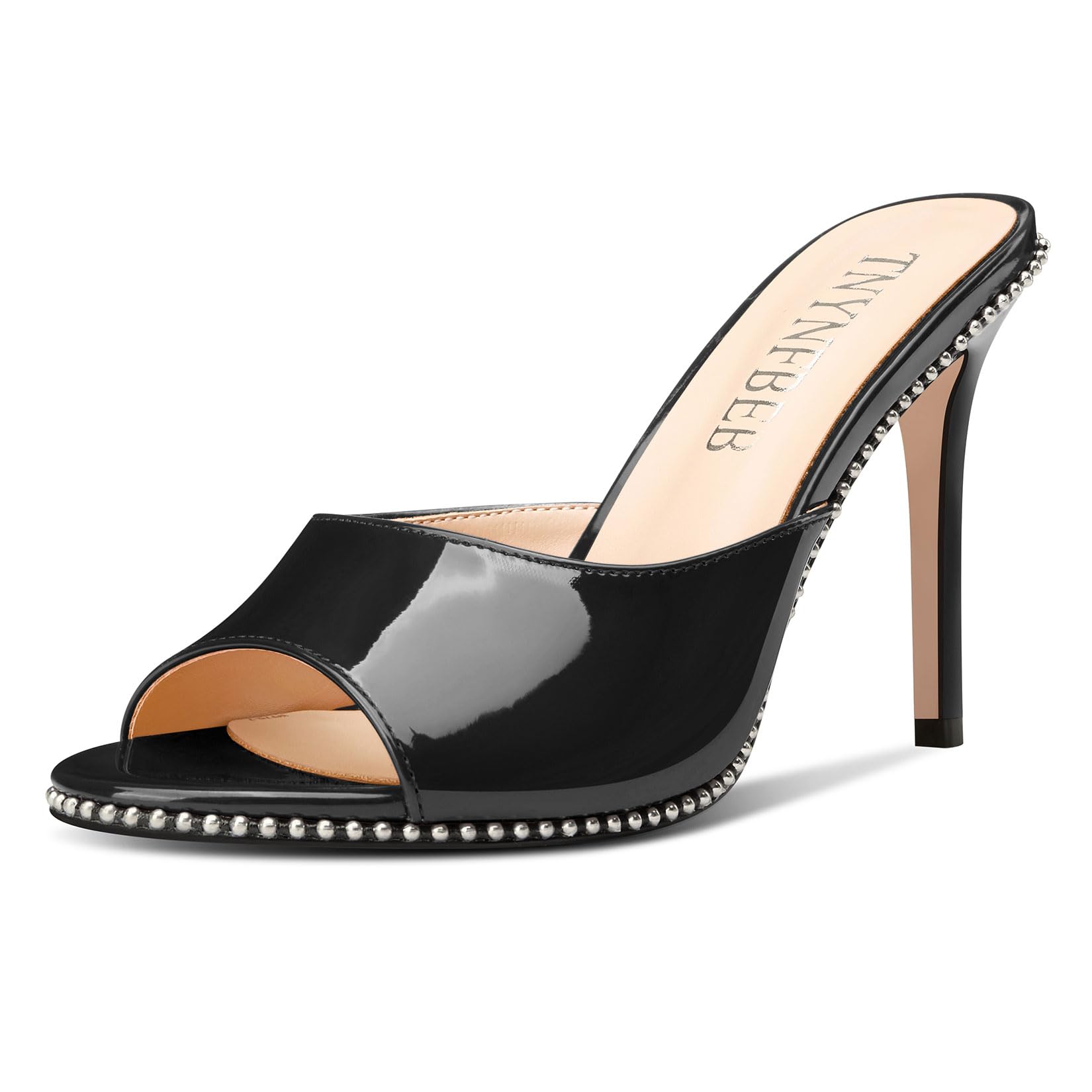 TNYNFBEB Womens Stiletto High Heel Peep Open Toe Sandals Mules Shoes Slingback Slip-on Silver Beaded Prom Party Dress Patent Leather 3.9 Inches Heels