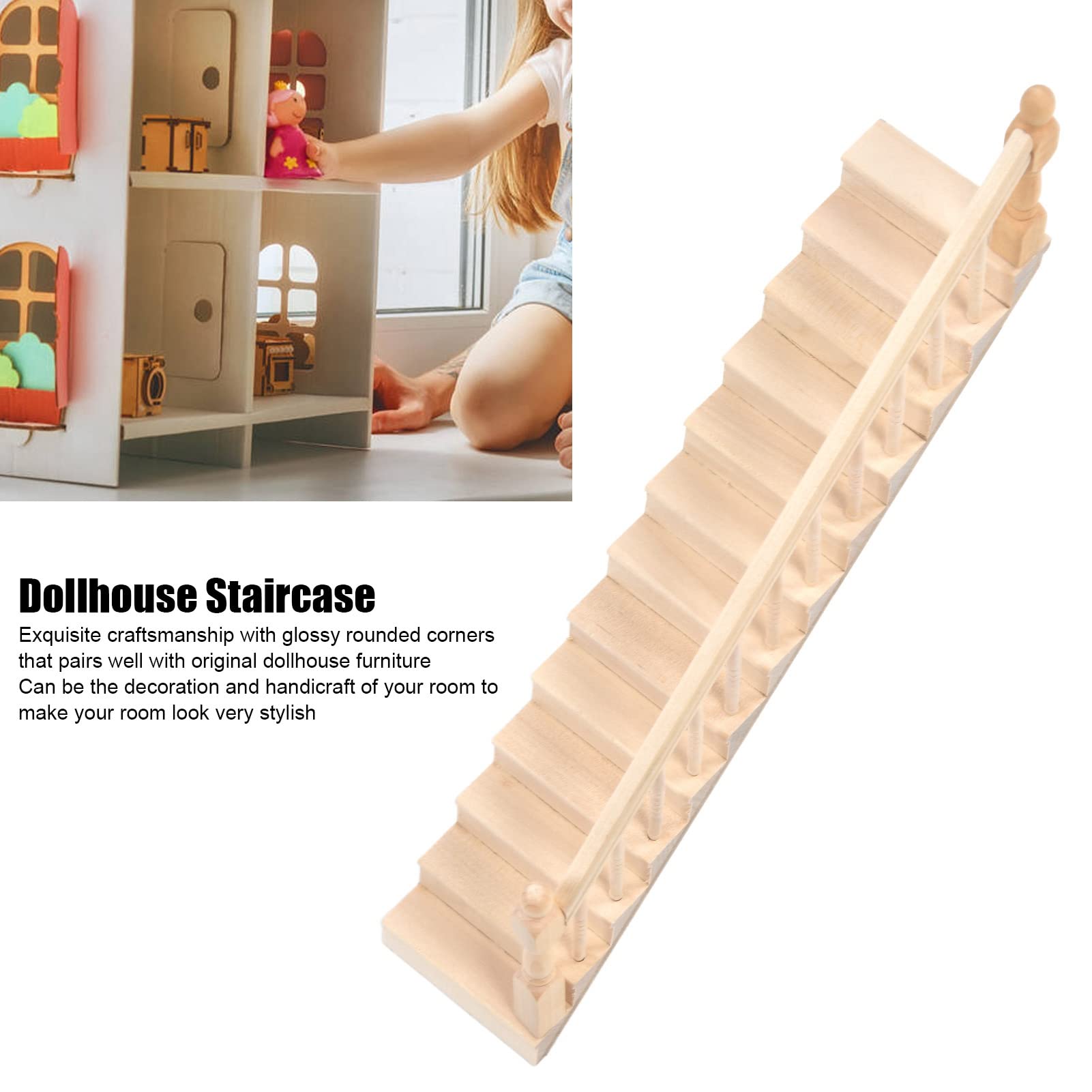 Cocoarm Scala in Miniatura per Casa delle Bambole in Betulla, Scala 1/12, 32,5 X 6,7 Cm, Angoli Arrotondati Lucidi, Design Non Verniciato, per Esposizione di Oggetti di Artigianato per Case delle
