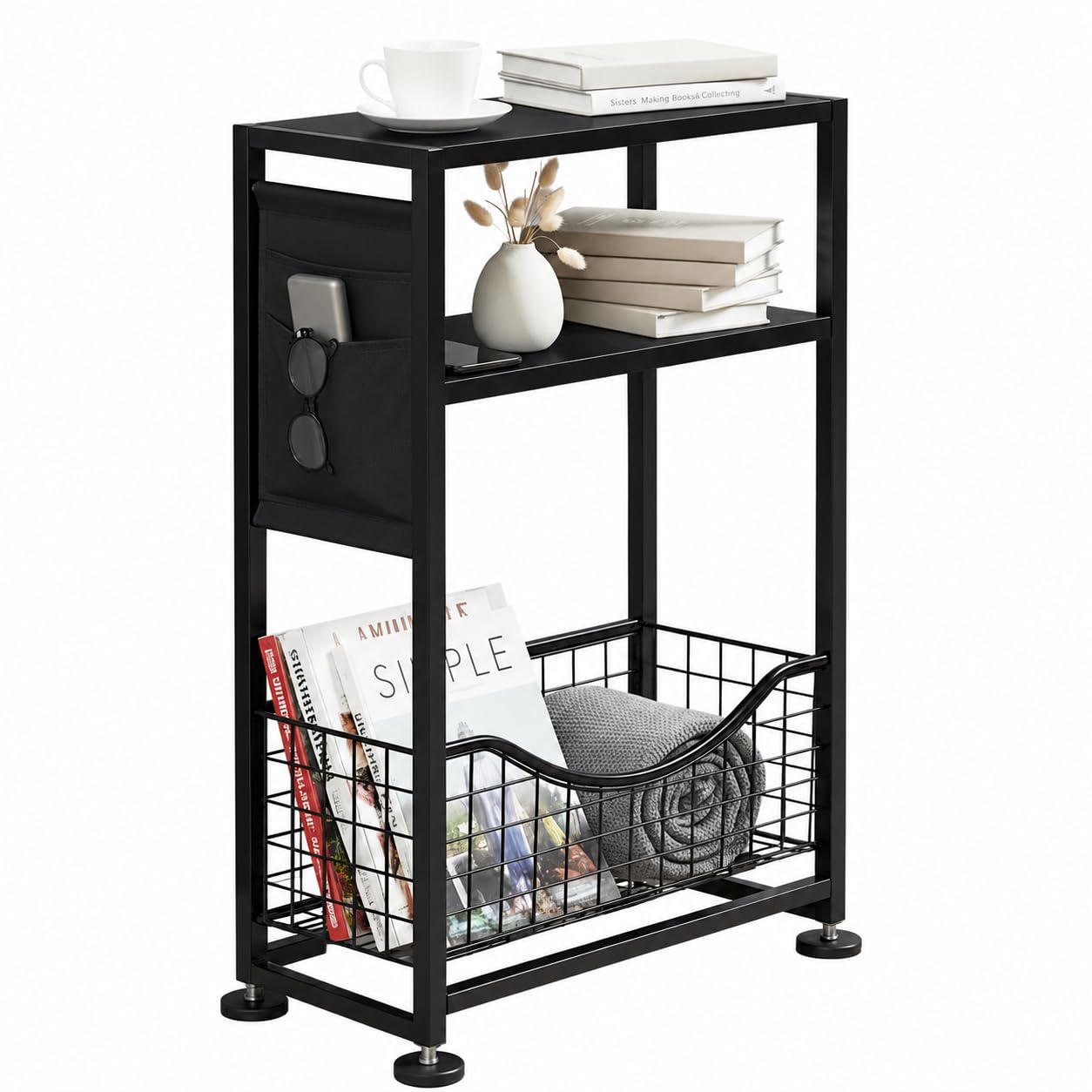 ZEXVIDA Skinny Side Table with Storage | 3 Tier, Slim Side Tables for Small Spaces, Narrow Bedside Table, For Living Room, Bedroom