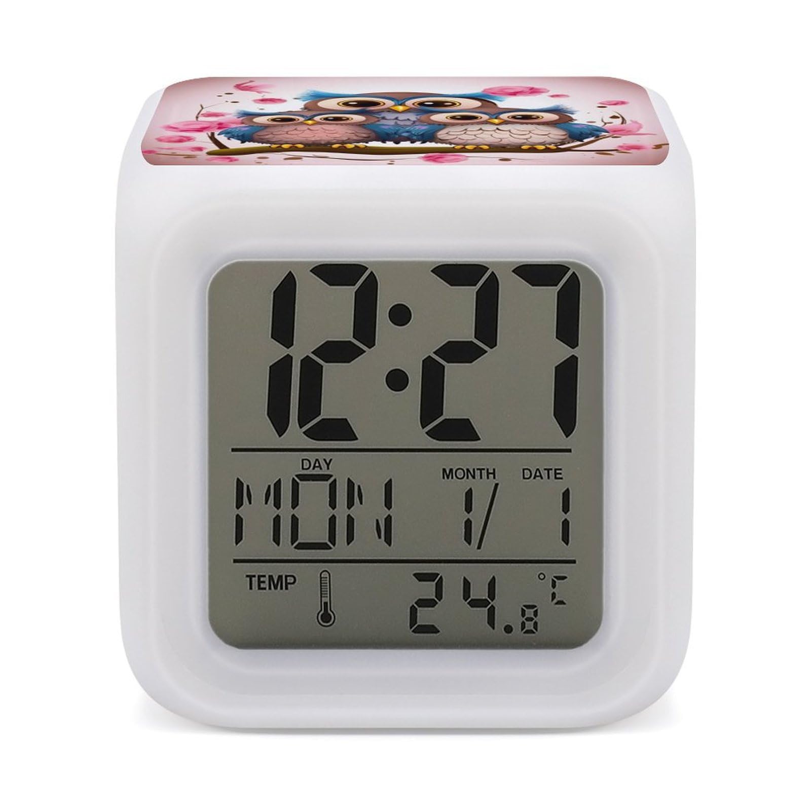 JTREHY 7 Color Changing LED Digital Alarm Clock,Cute Owls Printed Wake-up Clock with Temperature Display Home Decoration Alarm Clock for Bedroom Office