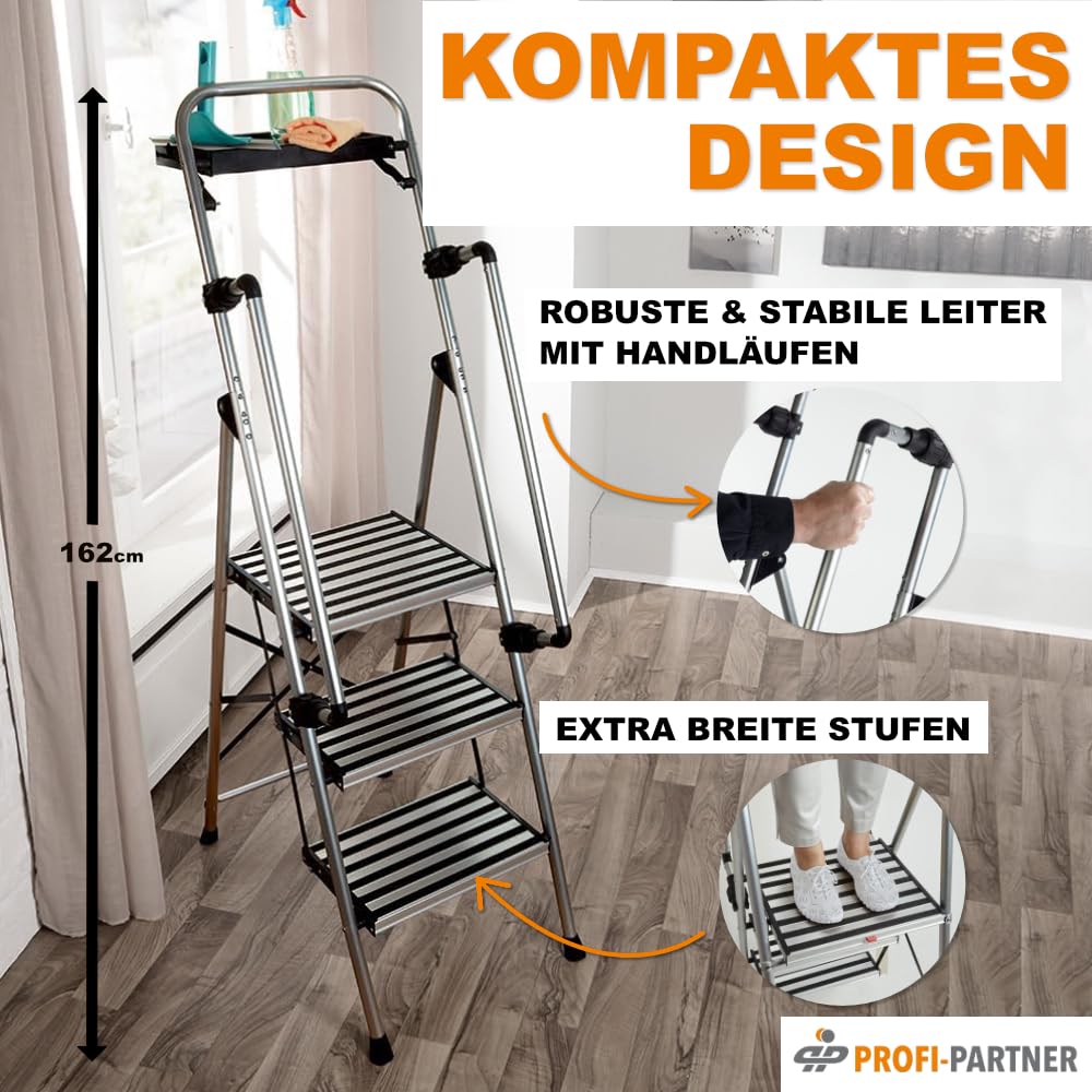 Stahl-Sicherheitsleiter, Trittleiter 3 Stufen, bis 150 kg | klappbare Handläufe, rutschsichere Plattform, TÜV-geprüft, robuste Klappleiter, Haushaltsleiter, sicherer Tritt