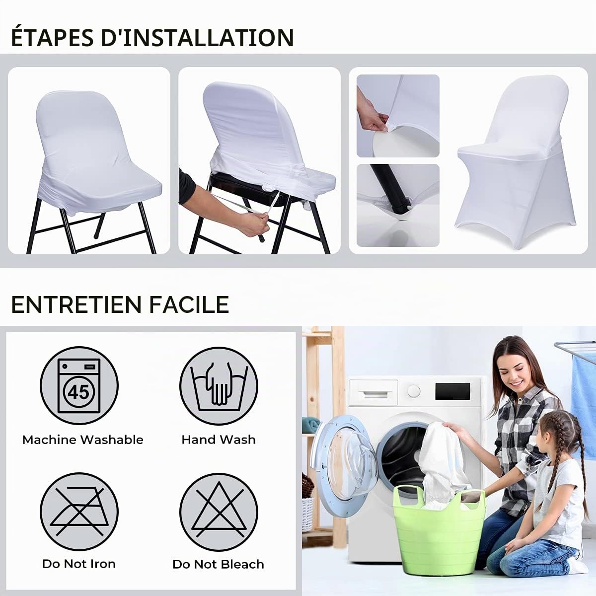 Babenest Lot de 10 Housses de Chaise Pliantes en élasthanne universelles, Extensibles et lavables pour Mariage, Vacances, Banquet, fête, célébration (10, Blanc)