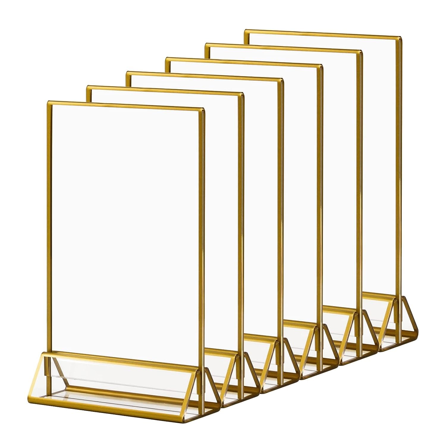 Gold Picture Frames 10x15 cm 6 Pack, Double Sided Acrylic Sign Holder with Gold Border - Clear Vertical Sign Stand Table Number Menu Holders