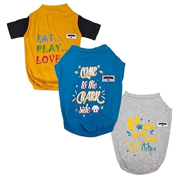 FETCHER Yellow, Blue and Grey Premium Printed Summer Dog T-Shirts for Small Breeds (Set of 3) (X-Small)
