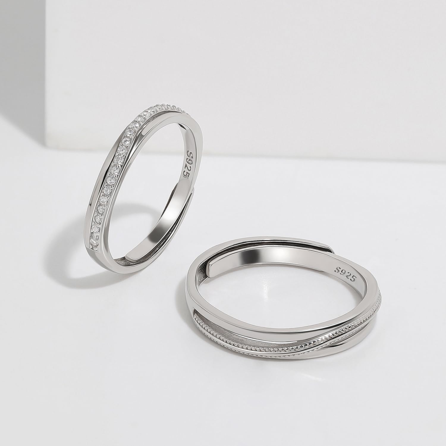 Meissa 925 Plata Anillos para hombre Anillos de compromiso para parejas ajustable con circonita cúbica Anillos de boda Joyas de boda Regalo San Valentín, Juego de Dos Anillos (Grabado)