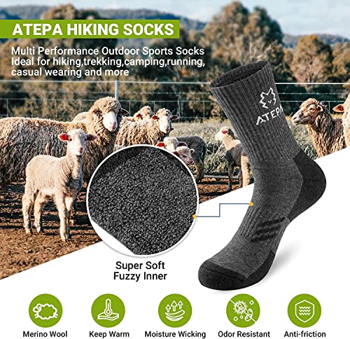 Atepa Merino Wool Socks Men's Hiking Socks Heavy Cushion Crew Socks Thick Winter Socks For Outdoor Trekking Walking, 6Pairs Grey M #TOP1