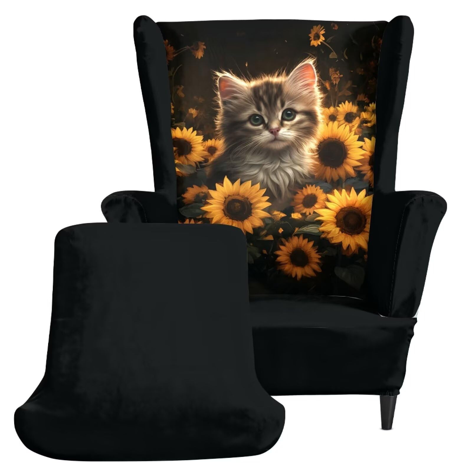 Xoenoiee Funda para silla con respaldo de ala con estampado de girasol y gato, 2 piezas, fundas para sillón con parte inferior elástica, protector antideslizante para muebles para sala de estar y