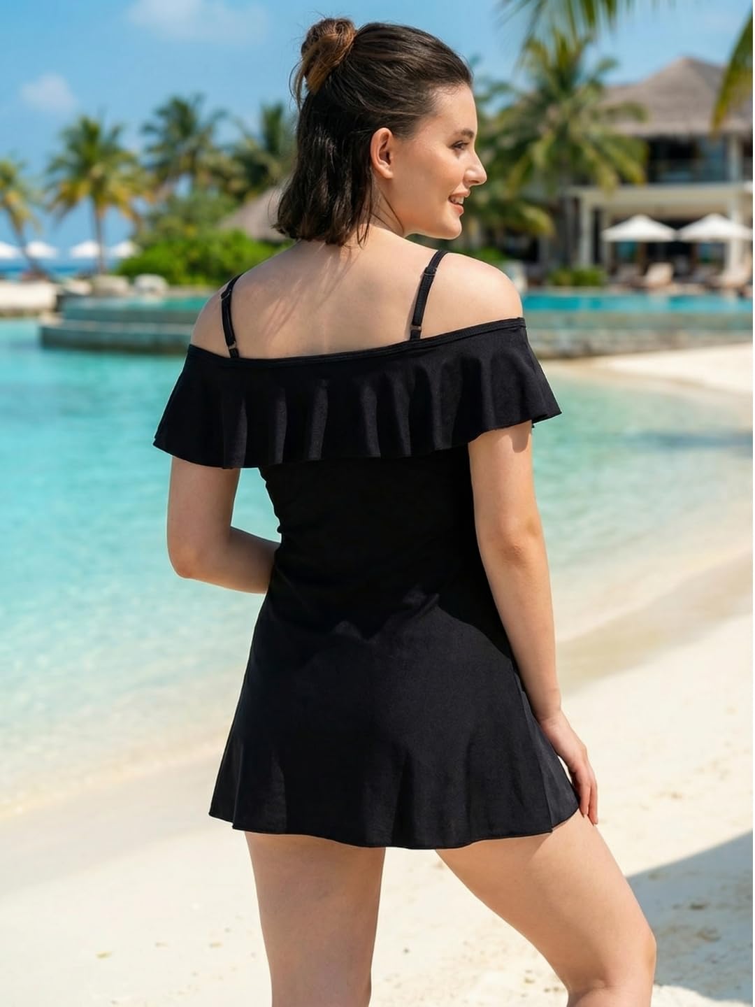 MEGASKA 2 Piece Retro Padded Ruffled Off Shoulder Adjustable Straps Swimdress with Swim Shorts Quick Dry Chlorine Resistant Swimsuit Swimming Costume Swimwear for Women_Black_M 1