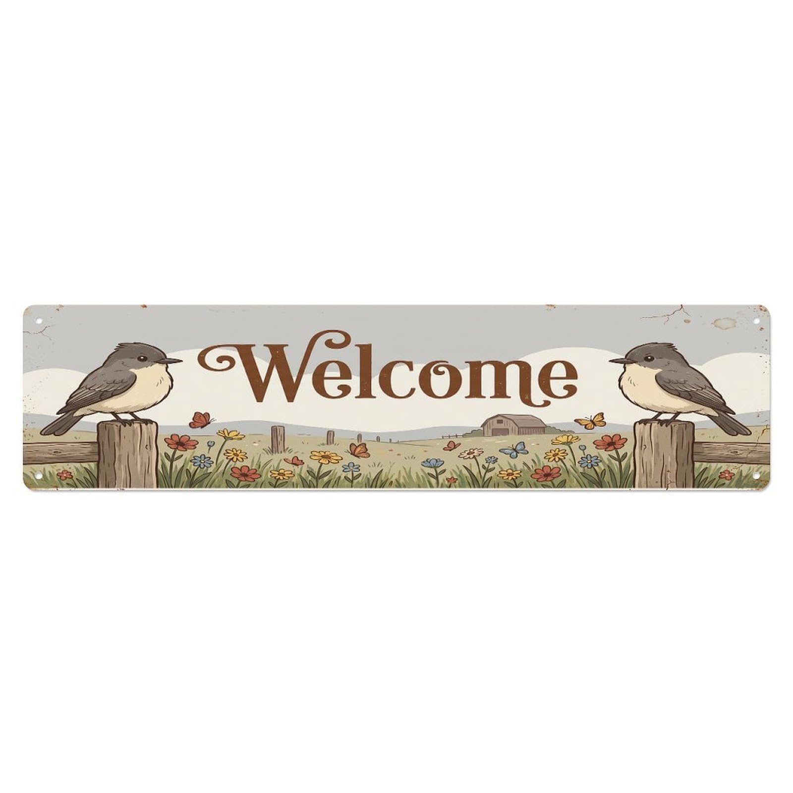 Cxhjca 4X16inch(10X40cm) Vintage Welcome Phoebe Perch Metal Tin Sign