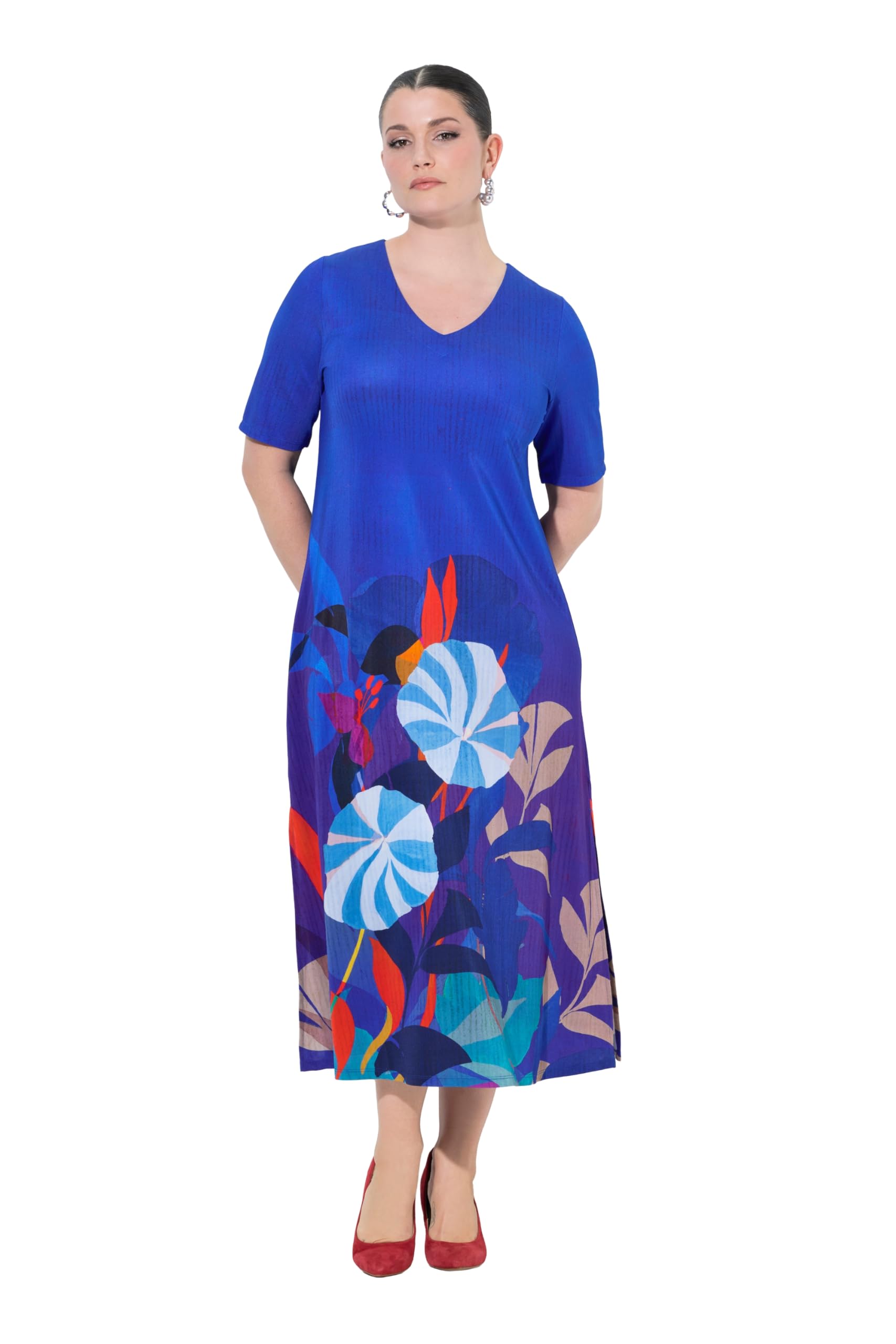 Ulla Popken Damen große Größen Übergrößen Plus Size Midikleid, Blüten, V-Ausschnitt, Halbarm, Slinkypiqué 846066