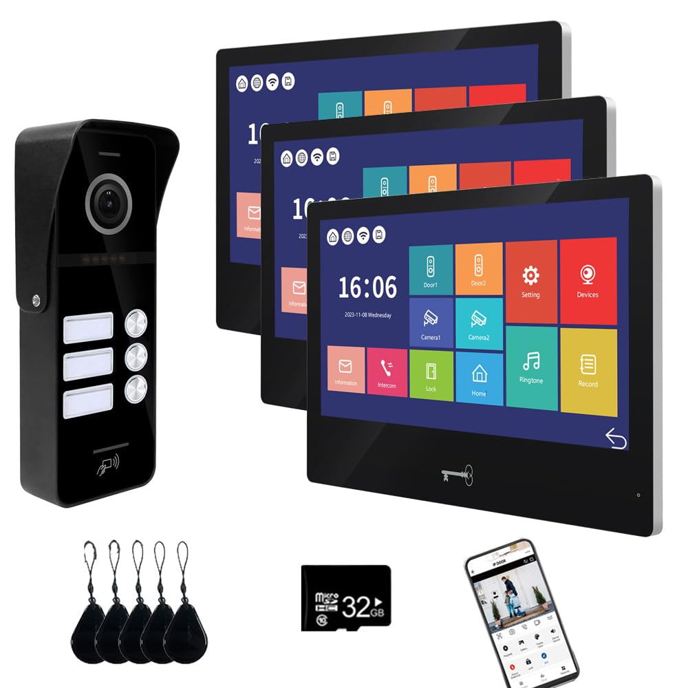 Wired Video Doorbell Apartment Intercom System 3 Units 10 Inches Touch Monitor Wireless Wifi 1080P Camera Phone Kit,Support Monitoring,Unlock for Home Villa (1 black doorbell+3 black monitor)