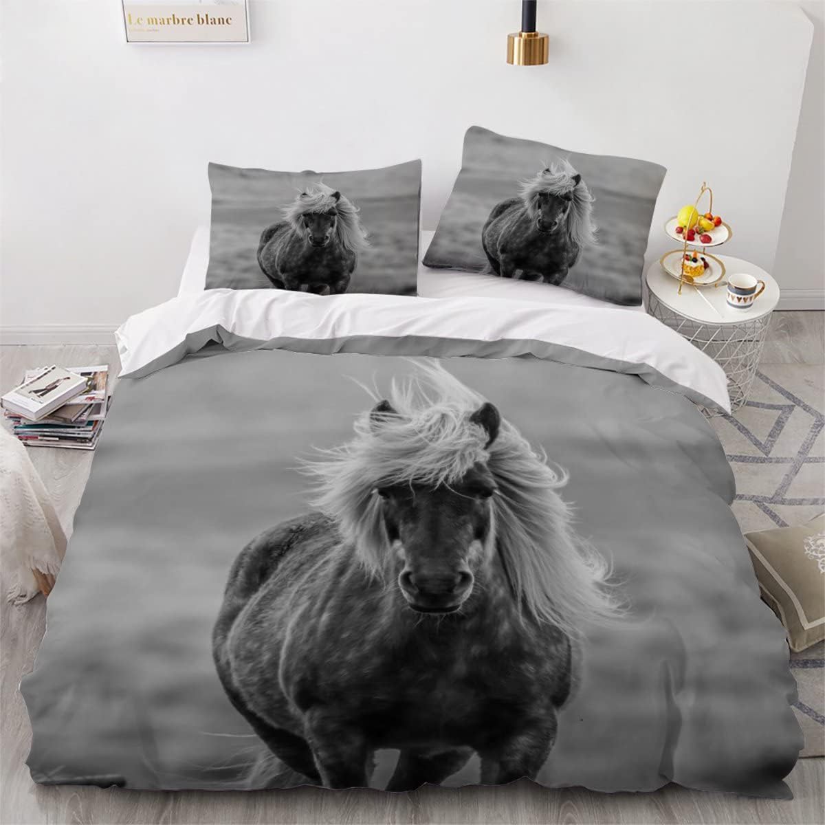 MEVASA Horse Bedding Set - Microfiber Teen Bedding, 3D Animals Gray, Anti Allergic Double Duvet Cover Set with Zipper /200x200