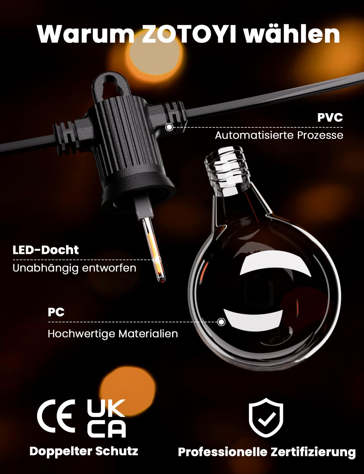 ZOTOYI Lichterkette Außen Glühbirnen 60M, IP65 Wasserdicht Outdoor Lichterkette Strom mit 80+4 G40 LED Bruchsicher Glühbirnen Plastik, Innen&Außen Lichterketten für Garten,Party,Terrasse,Balkon