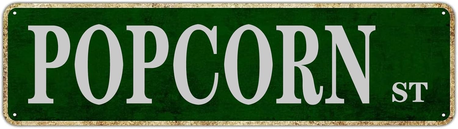 peiyeety Popcorn St Vintage Metal Tin Sign, 4x16 Inch Rustic Snack Themed Wall Decor, Retro Sign for Home, Kitchen, Waterproof Tin Sign, Durable Wall Art