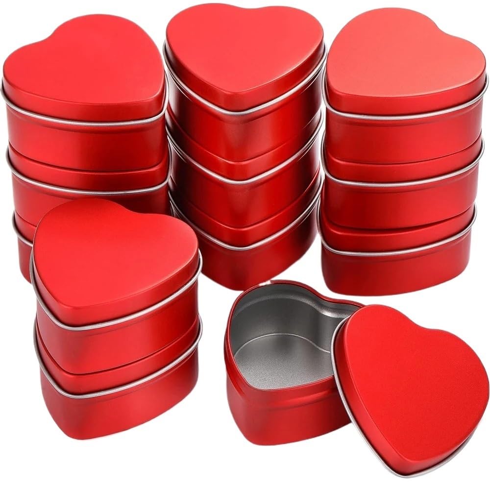 Xinglongs 12 barattoli per candele in metallo a forma di cuore, con coperchio, vuoti, 56,7 g