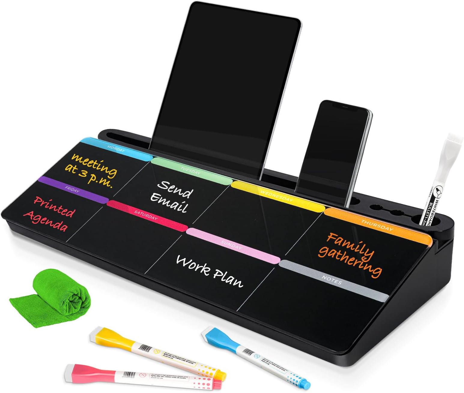 DOLLAR BOSS Glass Desk Whiteboard Calendar Small Dry Erase Board Desktop White Board with Storage Drawer Computer Keyboard Stand Desk Organizer, Colorful Weekly Calendar, Black
