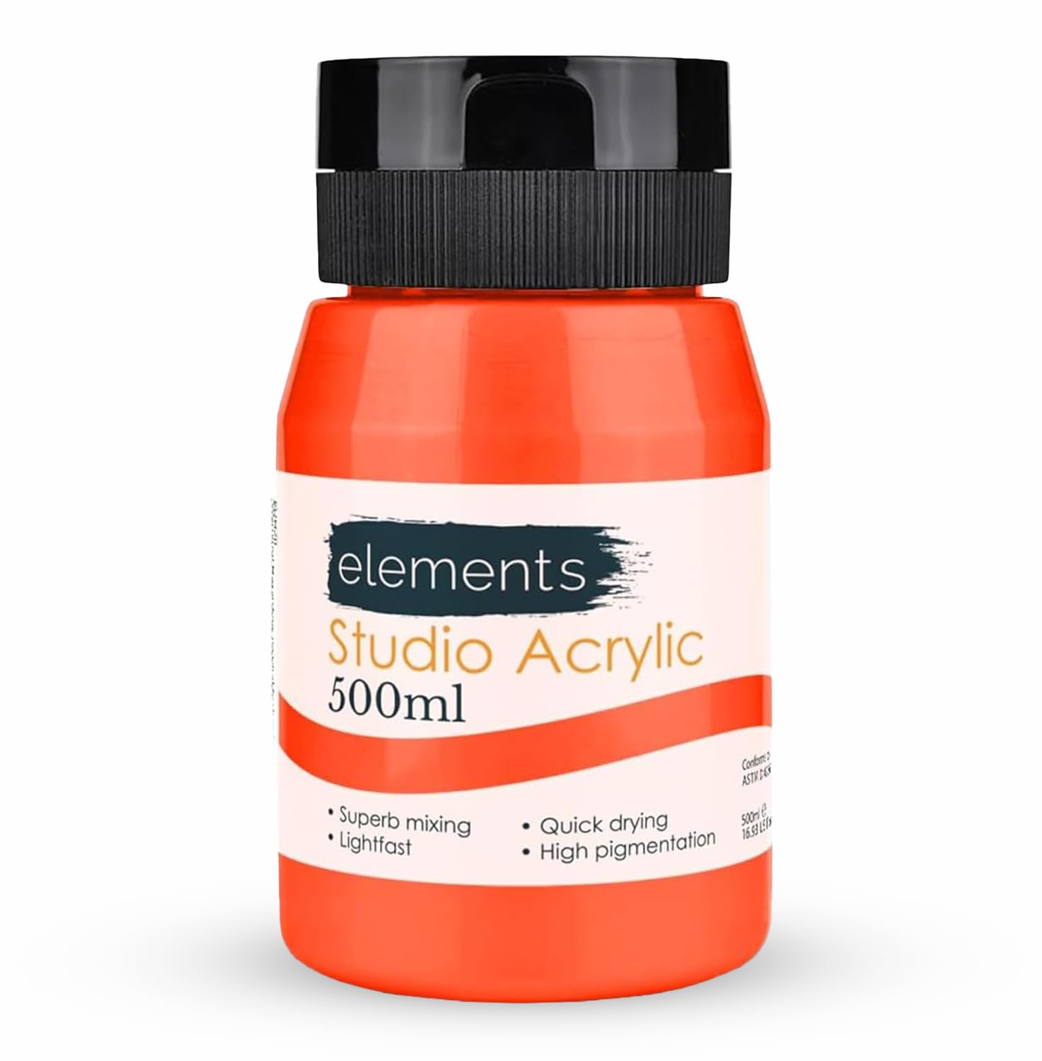 Elements 500 ml Studio Acrylic Paint Tub – Quick-Drying Paint for Canvas, Wood, Glass, and More – Low-Odour Highly Pigmented Vibrant Acrylic Paints – Neon Orange