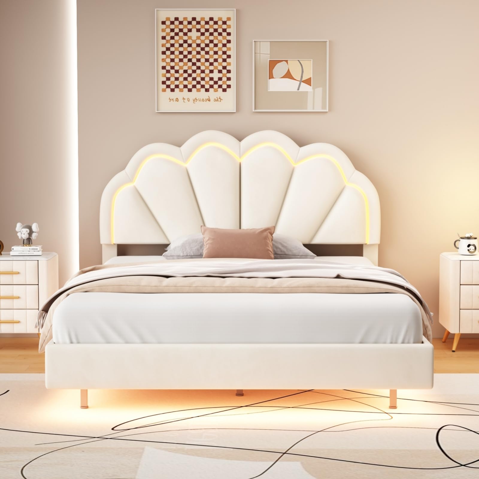 Polsterbett Doppelbett 140x200 cm für Mädchen, Mädchenbett Jugendbett, Gepolsterter Schwebender Bettrahmen mit LED-Lichtleisten und Kopfteil in Blumenform, Samtstoff,Beige