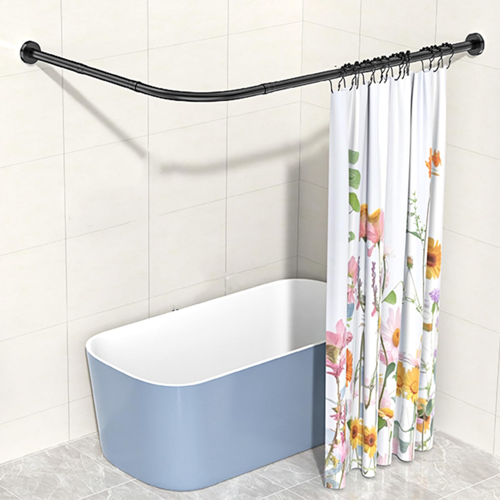 L Shaped Shower Curtain Rail For Bath,304 Stainless Steel Corner Shower Curtain Rail,Adjustable Length,Drill Or No Drill,for Bathroom, Kitchen, Changing Room,Bl(Size:D 70-95cm x 105-165cm,Color:Black)