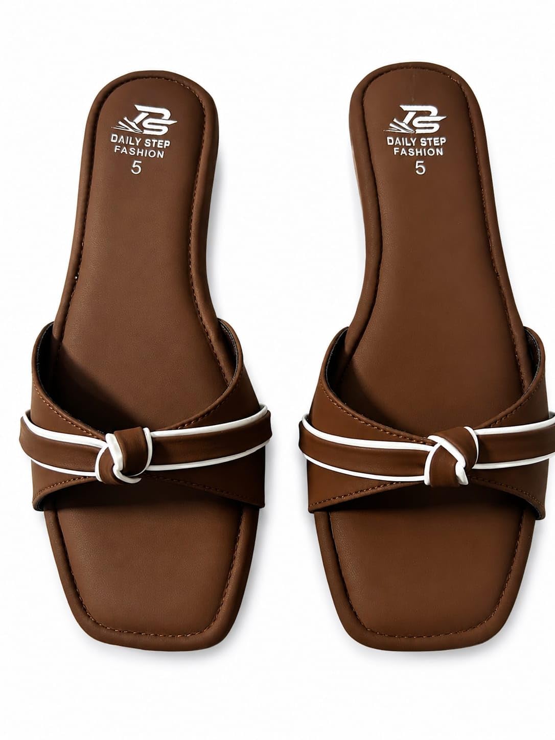 Women's Brown Flat Slide Sandals with Knot Detail-picture-55