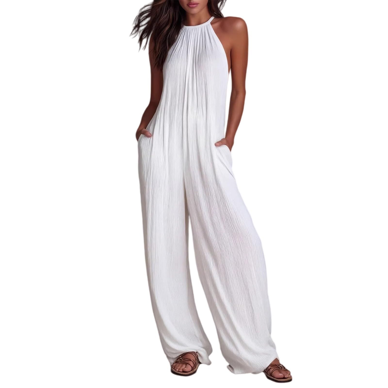 Traje de pantalón para mujer, elegante, festivo, con cuello halter y