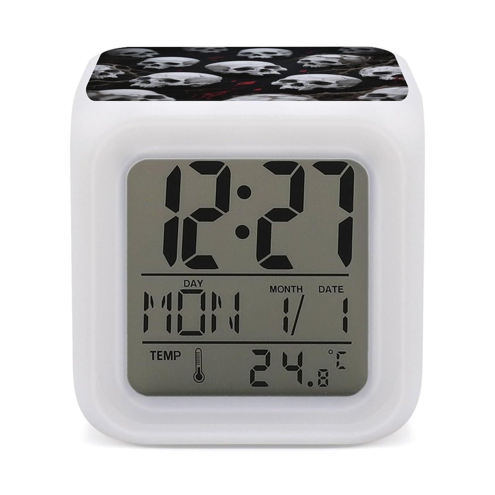 DWVTSLH Skulls Alarm Clock with 7 Color Changing Night Light, Wake Up Digital Clock for Bedroom, Bedside Cube Clock with Date, Temperature, Battery Operated Desk Clock Gift