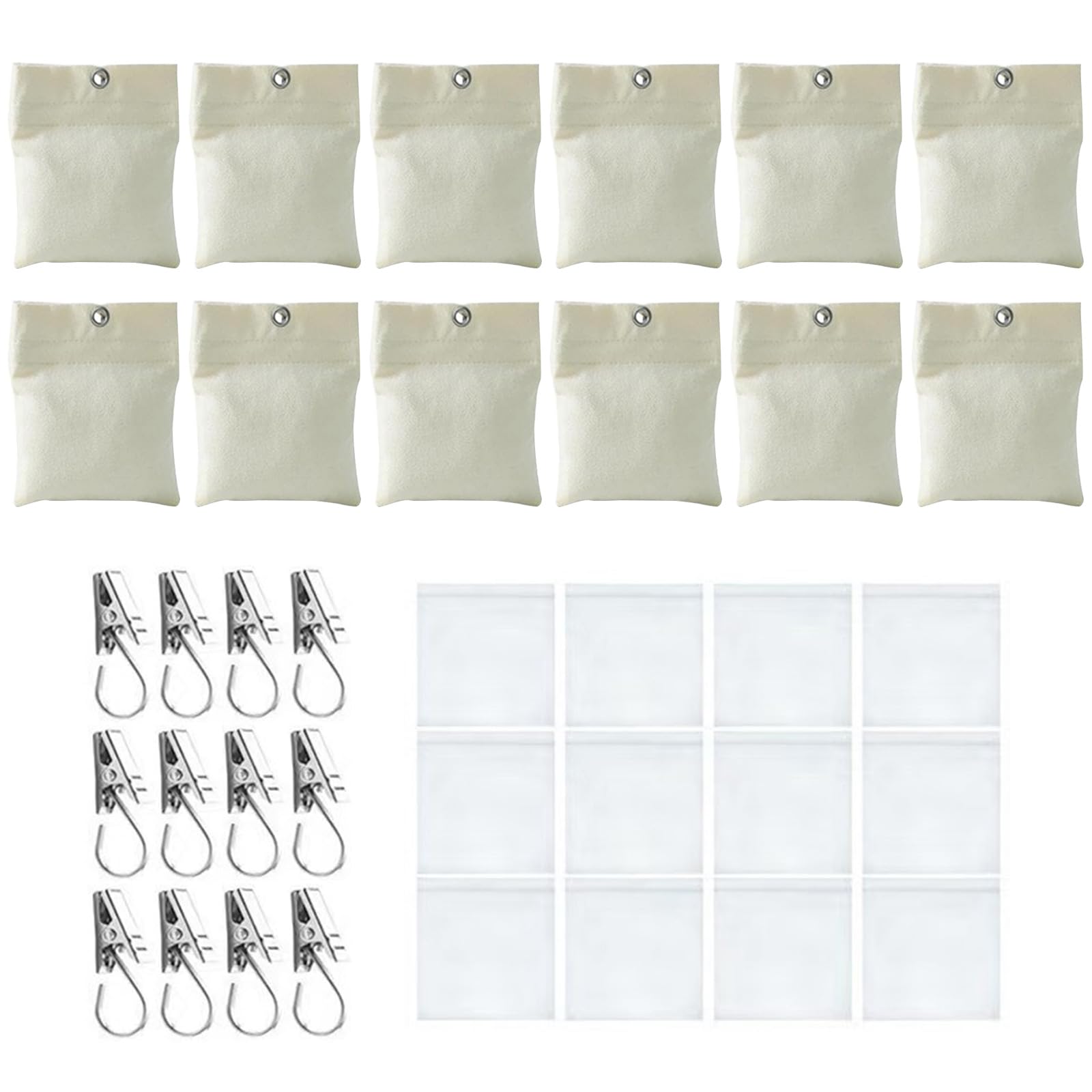 Fexxkg White 12Pcs Heavy Duty Windproof Curtain Weights Canvas Bags Metal Clip Included For Outdoor Tablecloth Anchoring Curtain Sandbags With Metal Clip