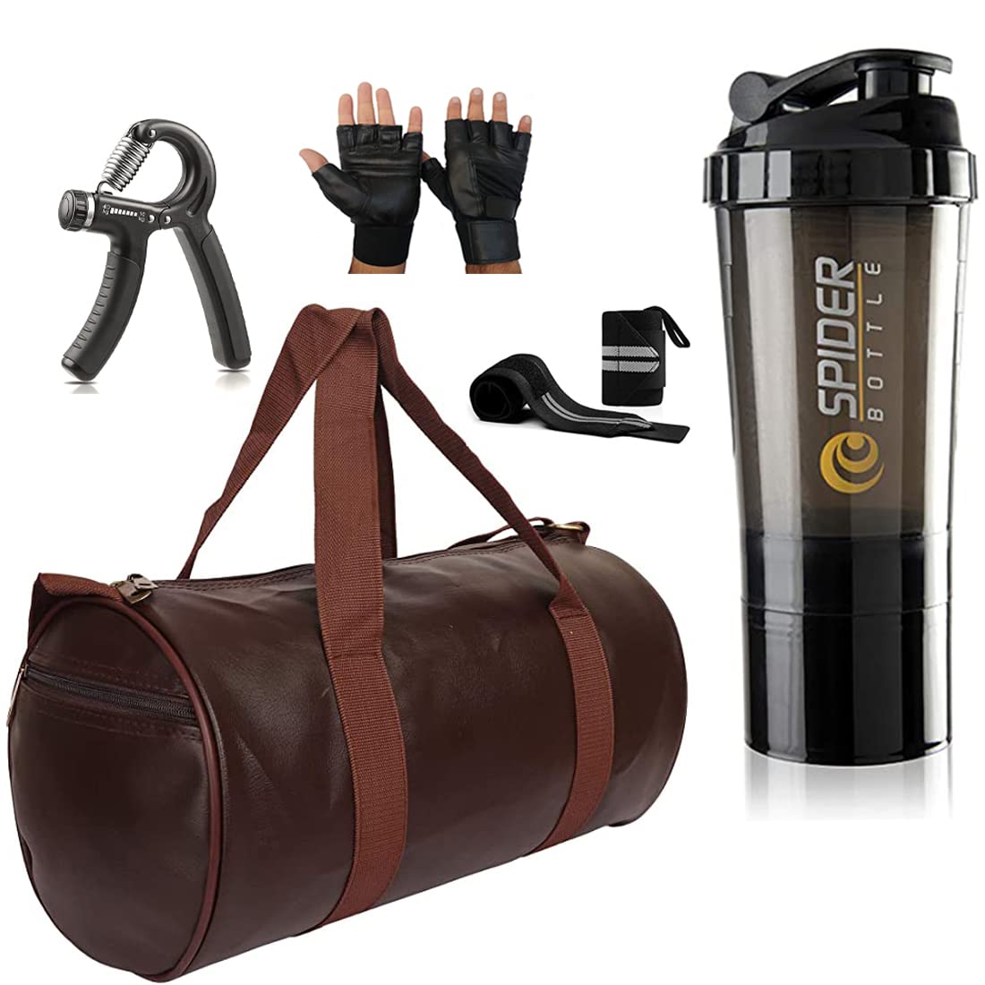 Polyester Combo Set Brown Gym Bag with Gym Gloves with Wrist Support Band and Shaker Bottle and Hand Black Gripper-image-8