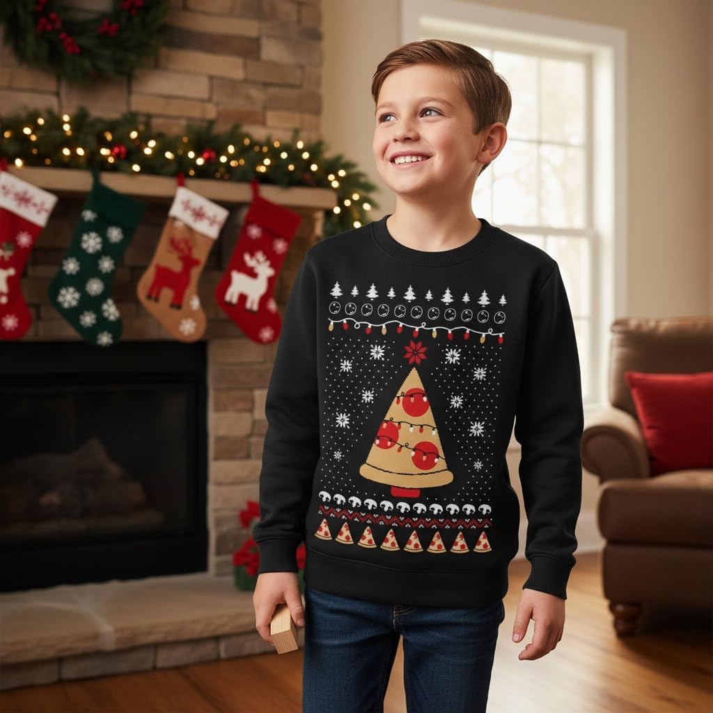 Tstars Kids Pizza Tree Ugly Christmas Sweatshirt - Funny Holiday Pullover for Youth Boys and Girls