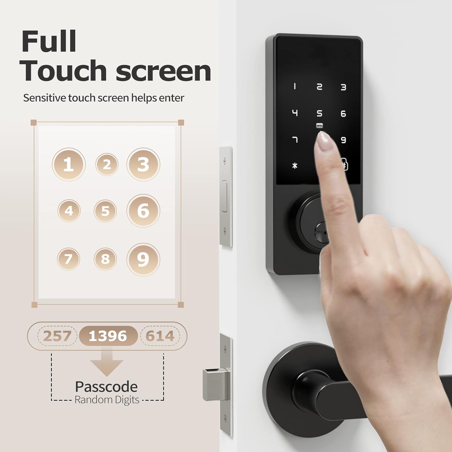 Hand entering a passcode on the smart lock's touchscreen keypad.
