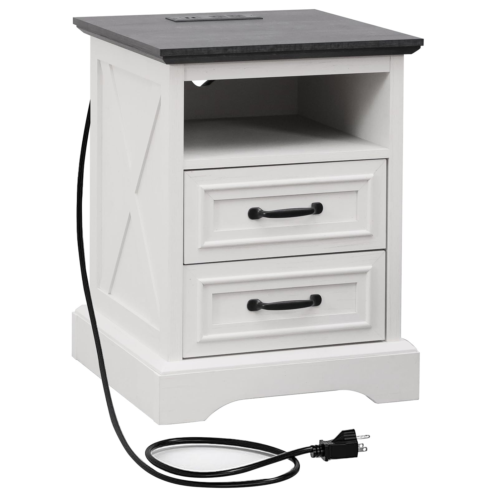 ALBAD Farmhouse Nightstand with Charging Station Rustic Bedside Table with 2 Drawers and Cubby Storage End Table with Metal Handle for Bedroom Office,
