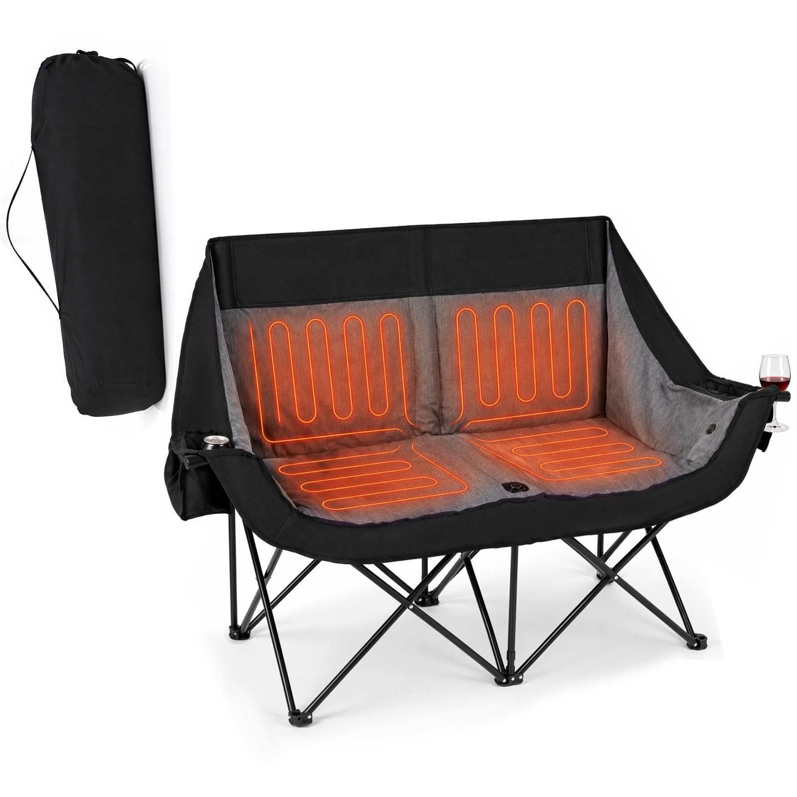 GOPLUS Silla de Camping para 2 Personas con Calefacción,Carga 300 kg | Sillón Plegable Acolchado con 3 Niveles de Calefacción, Portavasos, Bolsillos y Bolsa de Transporte para Campaña y Jardín