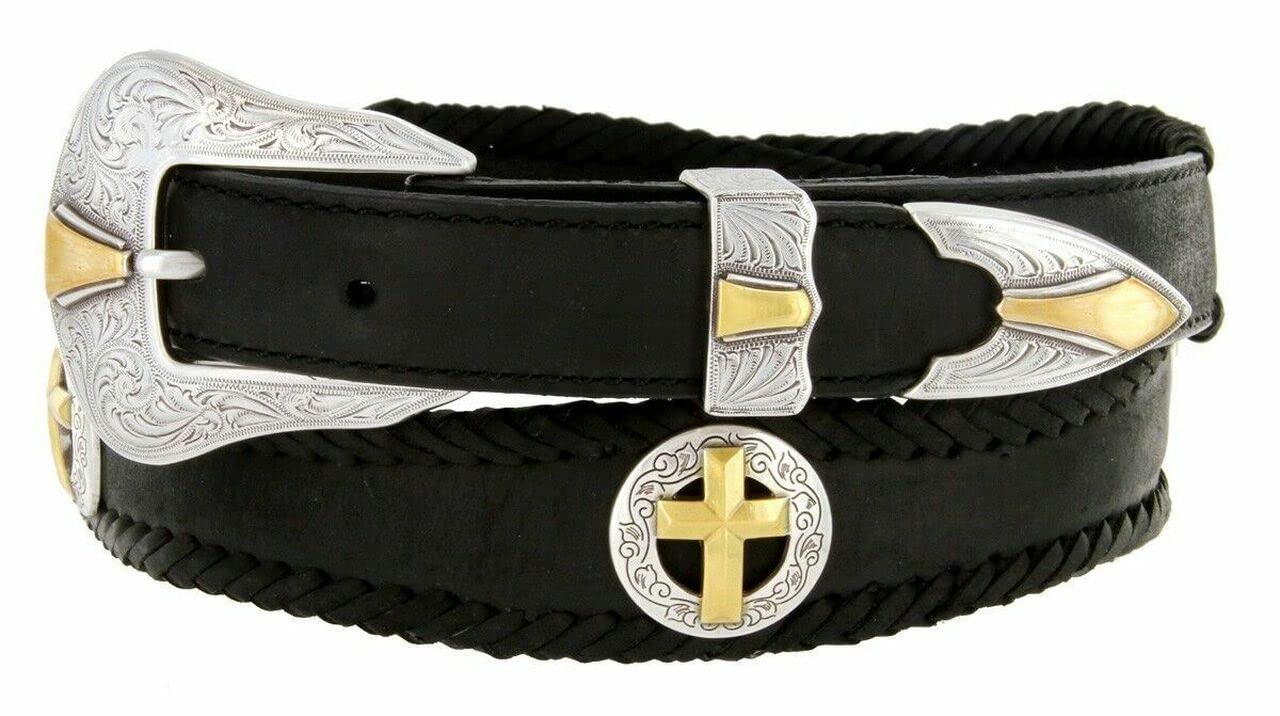 Antique Gold Cross Conchos Crazy Horse Scalloped Genuine Leather Western Belt 1