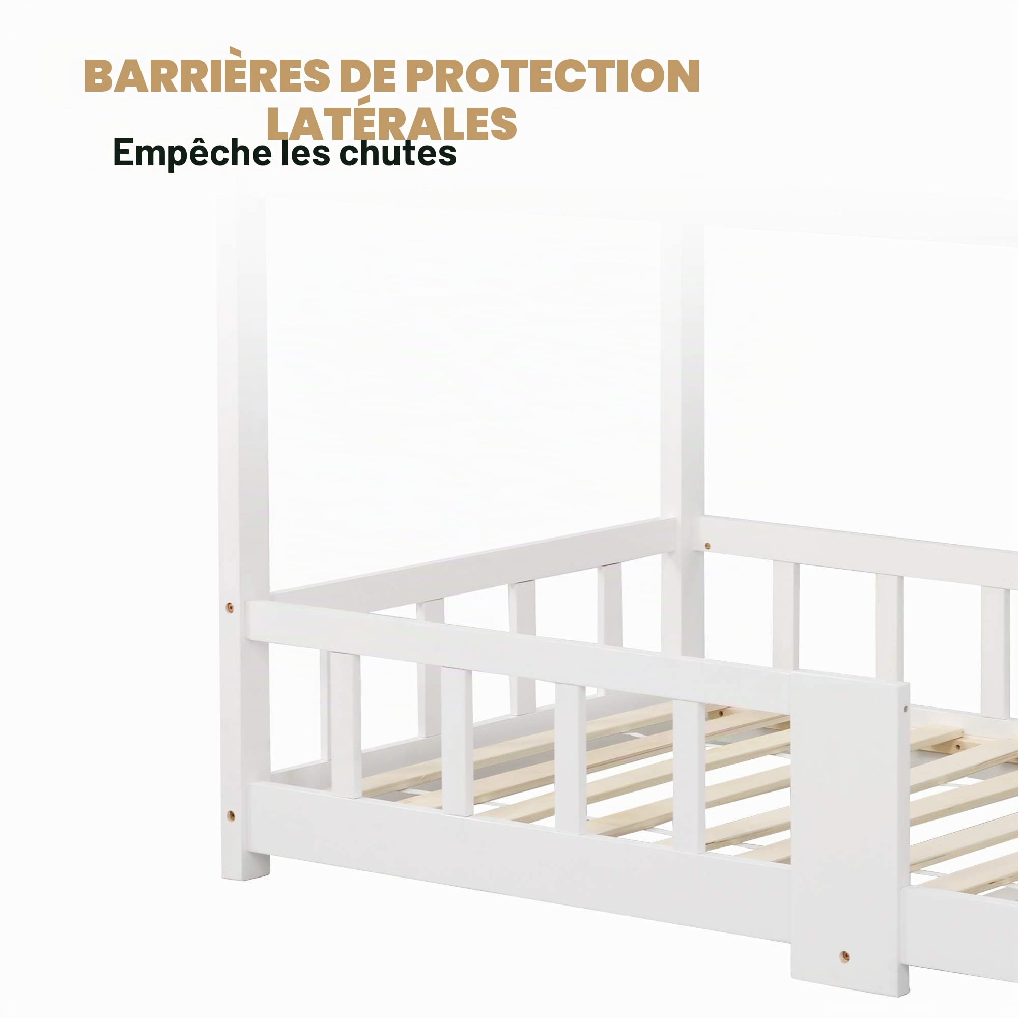 Lit Enfant 90x200 cm Bois avec Tableau Noir Protection Anti-Chute Sommier Lattes Blanc