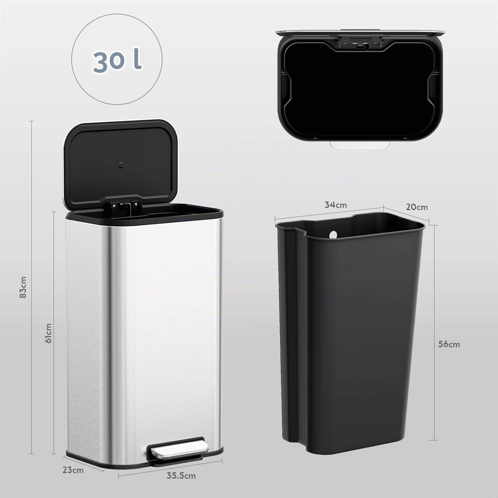 Clevich Mülleimer 30L mit Stahlkorpus und Soft-Close-Funktion, Deckel mit Edelstahloberfläche, abnehmbarem Inneneimer und Fußpedal, Treteimer für Küche, Wohnzimmer und Büro - Silber