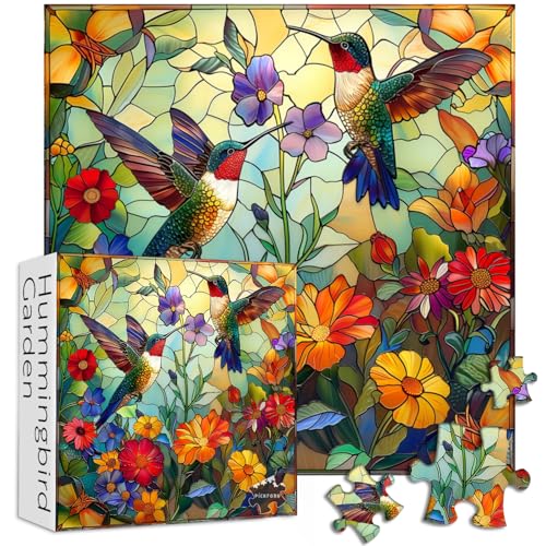 Stained Glass Puzzles for Adults 1000 Pieces, PICKFORU Colorful Flower Hummingbird Jigsaw Puzzles, Mosaic Bird Puzzles as Home Decor