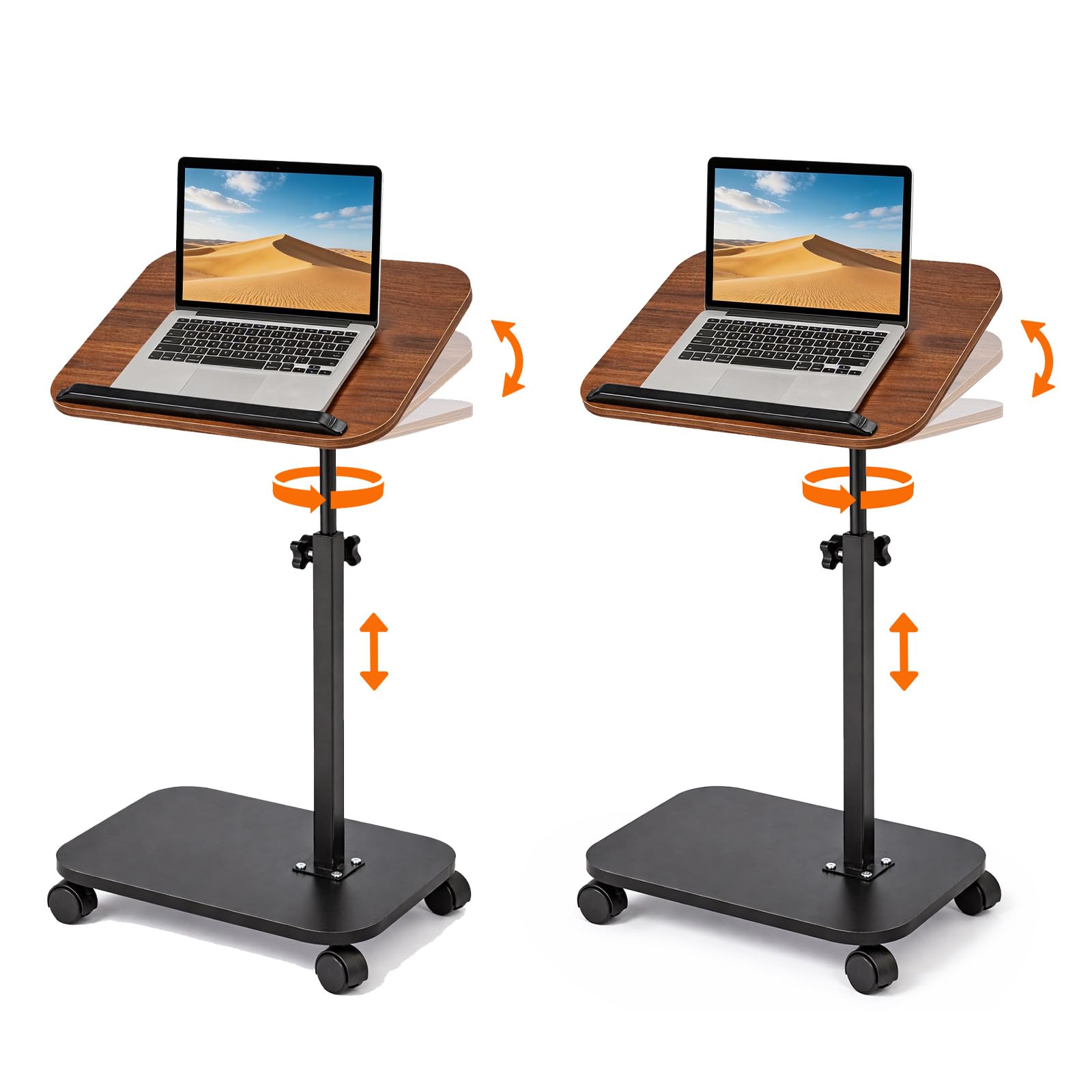 2*Side table with wheels Adjustable C-Shaped Laptop Desk Lamp Sofa Bedside Table Flip 180° + Rotate 360° Swivel Tray Mobile End table Rolling TV Bathtub Space-Saving for Living Room Bedroom Brown