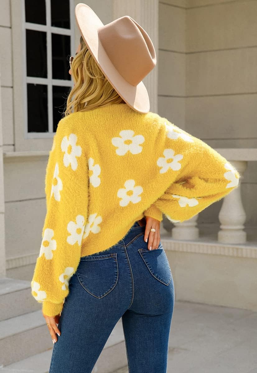 chouyatou Women's Fuzzy Daisy Printed Cropped Cardigan Open Front Jacquard Knit Sweater Tops - Image 4