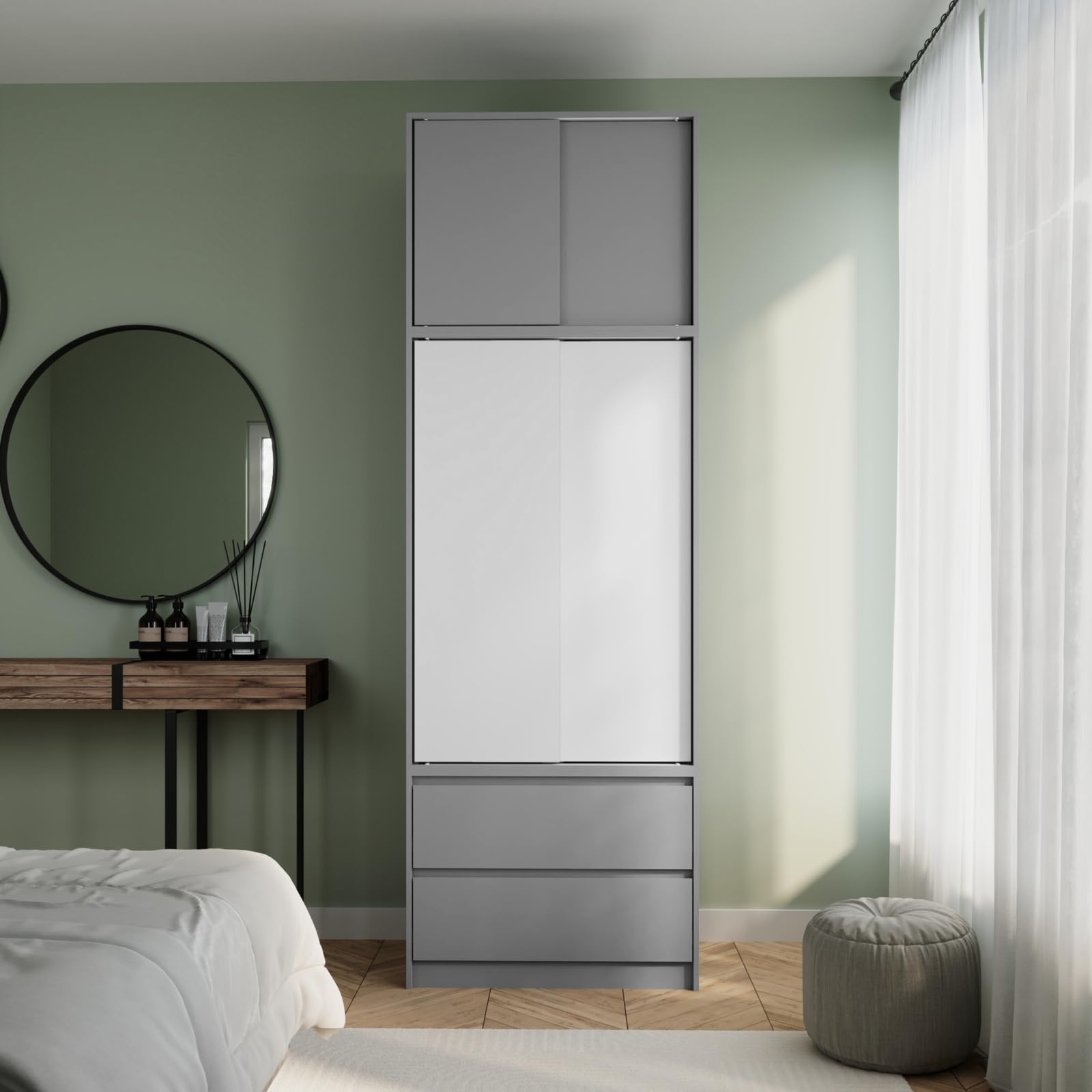 URBNLIVING 240cm Extra Tall 2 Door Sliding Wardrobe for Bedroom, Modern Freestanding Storage Cupboard with Hanging Rail, Customisable Design, Ideal for Clothes, Accessories & More