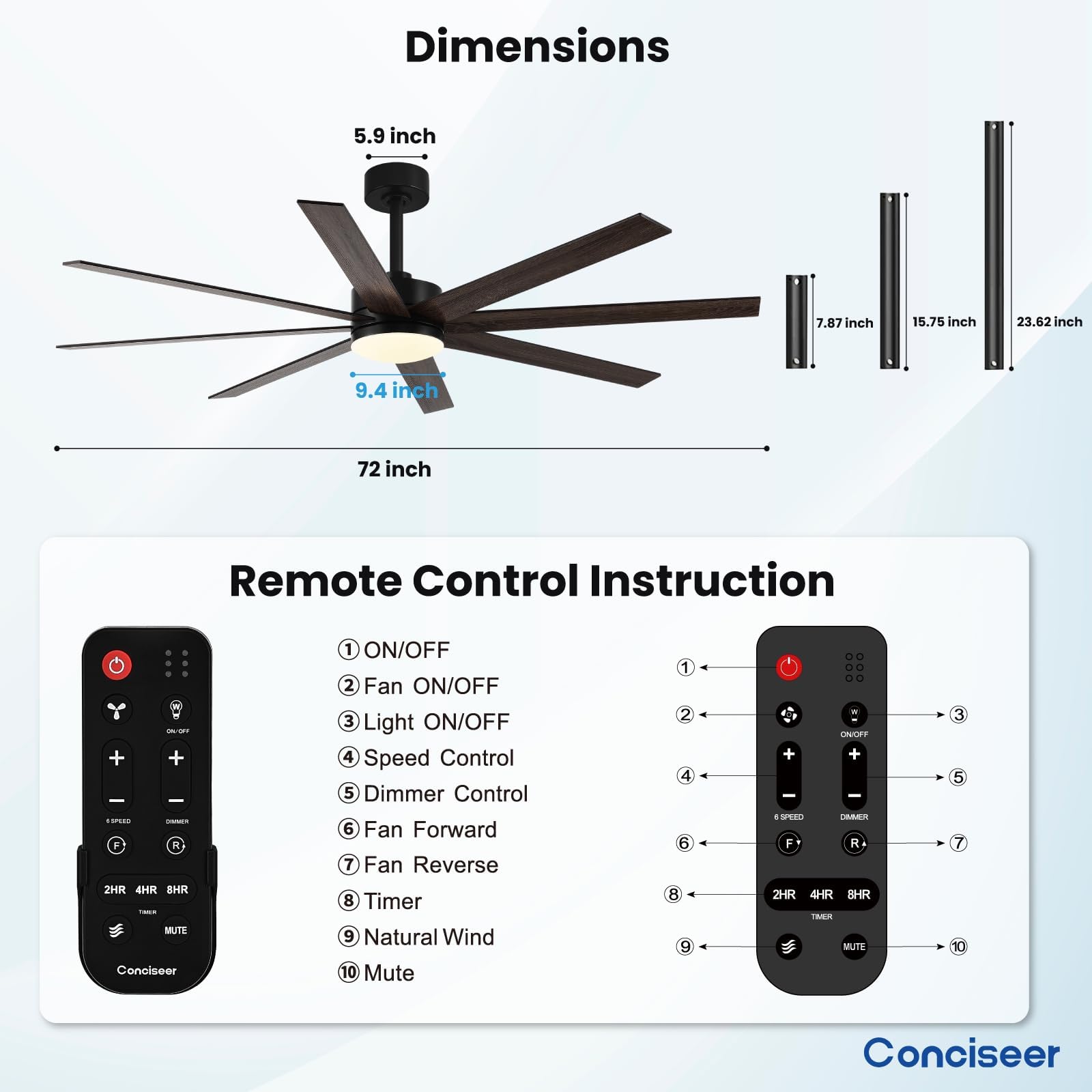 72 Inch Ceiling Fans with Lights Remote Control Dual-Color 8 Blades 24W 3CCT 6-Speed Reversible Quiet DC Motor — view 9